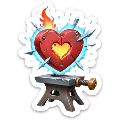 Heart being reforged on an anvil, sparks frozen mid-air sticker