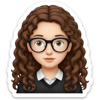white teen girl with long brown curls, hazel eyes, and black frame glasses sticker