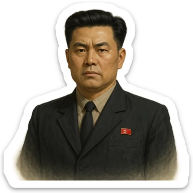 Portrait of a North Korean man, serious and stern, official portrait of a chief engineer at a shipyard, wearing formal dark clothing, neutral background, restrained style, DPRK propaganda style portrait, minimalist, masculine, confident gaze, in the style of Bufo sticker