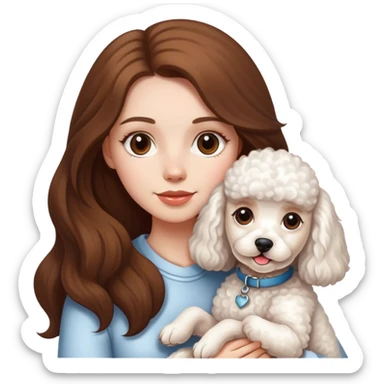 A white girl with long brown hair, she holds a cute white poddle dog sticker