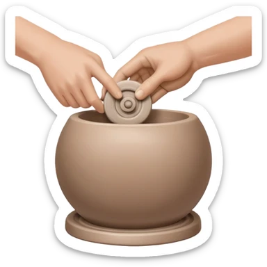 thumb pressing side of a clay ball down onto a silver pottery wheel, thumb at the bottom of the clay, pottery gesture sticker