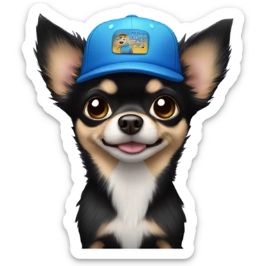 cute black long fur Chihuahua held by old blue eyes man with goatee and ball cap sticker