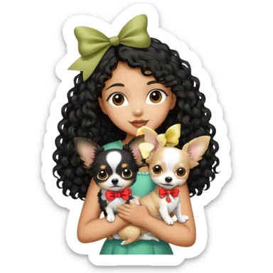 a girl light to medium tan skin with olive skin tone Long black curly hair cut butterfly carrying a white chihuahua dog with a cute ribbon sticker