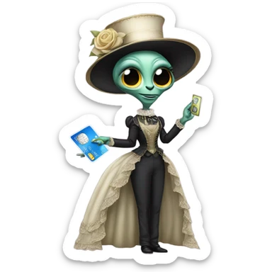 alien galora in Victorian dress elegant, full body, holding big credit card sticker