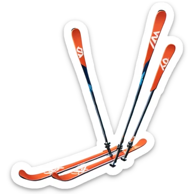 An icon featuring a pair of skis and ski poles in the foreground, set against a picturesque snow-covered slope. The background includes snowy peaks and evergreen trees, symbolizing the excitement and beauty of winter sports. Transparent background highlights the thrill of skiing and snowboarding. sticker