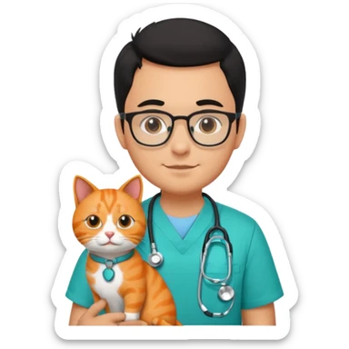 Veterinario hombre trigueño con lentes, con cabello negro, y con uniforme veterinario color verde turquesa y estetoscopio  cargando un gato naranja sticker