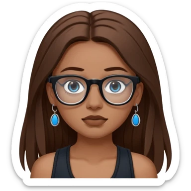 WHITE girl with long brown hair, part going more to the RIGHT side, BLUE eyes, wearing BLACK rectangle plastic frame glasses. SEPTUM nose piercing hoop (at bottom of nose) AND stud nose piercing on right side of nose. Wearing BLACK tank top. sticker