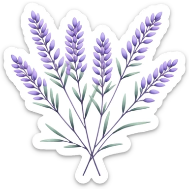 simple flower branches. The art style is clean line art with delicate watercolor textures, pastel colors, and a dominant palette of lavender, soft lilac, and muted purple. Let the branch be more elongated and have short branches on it like ears of corn. sticker