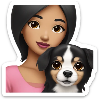 Thick medium black hair with black eyes and pink lip and pink cheek Filipino lady hugging black and white Chihuahua  sticker