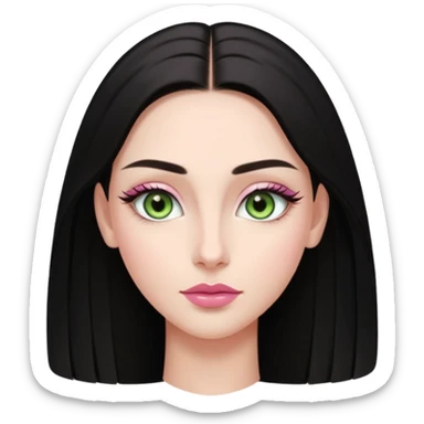 Front-facing portrait of a young woman with fair glowing skin, symmetrical features, light green almond-shaped eyes, long lashes, soft arched brows, straight refined nose, and full natural pink lips. Dark sleek hair pulled back with a middle part.  sticker