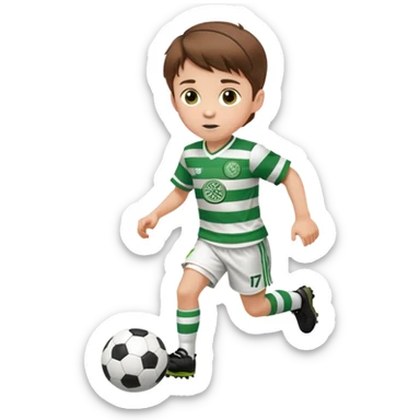 Celtic footballer jersey logo  6 years old brown hair white boy , brown eyes , stripes uniform , RUNNING  with soccer ball # 17 celtic football logo PUT ONLY ONE LOGO ONE CELTIC LOGO ONLY white shorts sticker