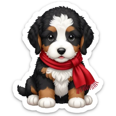 Black and white bernedoodle puppy with a red scarf sticker
