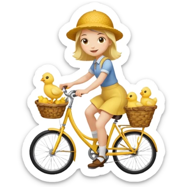 A cartoon girl riding a bicycle with a basket full of baby chicks, 1:1 square ratio. sticker