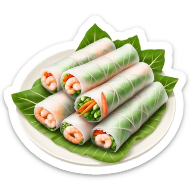 Cinematic Realistic Vietnamese Summer Rolls Dish Emoji, depicted with delicate rice paper wraps filled with fresh vegetables and shrimp rendered with crisp textures and refreshing lighting. sticker