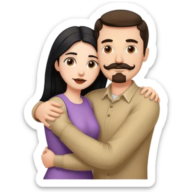 Tall white man with brown mustache goatee AND a short pale woman with long black hair, hugging sticker