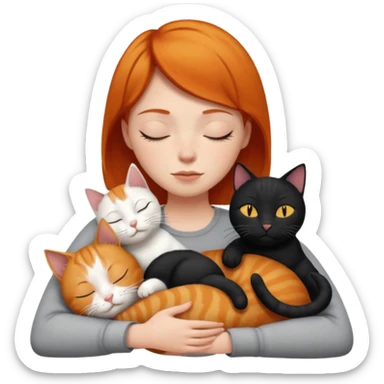 Ginger Girl short hair sleeping with two cats a black and a whole white bigger cat  sticker