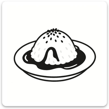A dish of rice topped with black sesame seeds and soy sauce, black doodle style. sticker