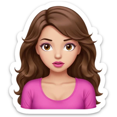 girl with long wavy brown hair, brown eyes, light to medium complexion, in a pink sexy top, pink puckered lips, long lashes, shrugging sticker