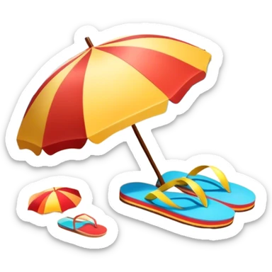 Icon for Beach Tourism: a sandy beach with a sun umbrella and flip-flops, with the ocean landscape in the background. The icon should capture the relaxation and fun of a beach vacation. Transparent background sticker
