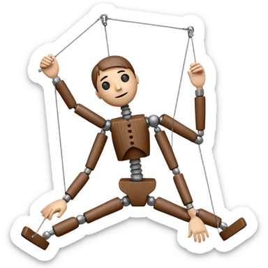 3D render of Broken Puppet as a wooden marionette puppet, Strings cut, slumped over, silver metal screw joints at elbows and knees, polished brown wood texture, rigid toy pose, emoji style, isolated on white background --v 6.0. sticker