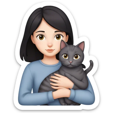 dark-haired girl with a gray cat in her arms sticker