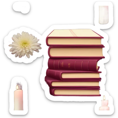 A maroon book stack adorned with ruby-red chrysanthemums and a candle sticker