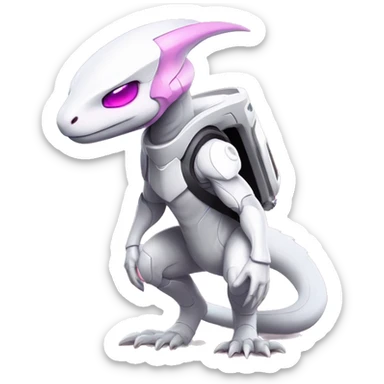 White Lizard-Reptile-Raptor-Alien-Genesect-Mewtwo-Fakémon, with pink eyes, with a futuristic visor-helmet, wearing a techwear-suit, Full Body sticker