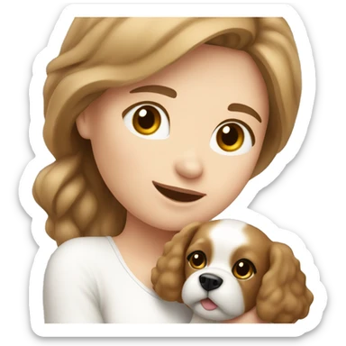 Light brown hair girl with bishon frise dog in her hands  sticker