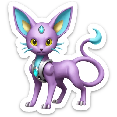 Mechanical Miraidon-Espeon-Mewtwo-Fakémon-hybrid-creature (full body)  with yellow eyes and cyan markings sticker