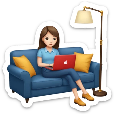 A girl is working with a laptop while lying on a sofa, with a floor lamp to the right. sticker