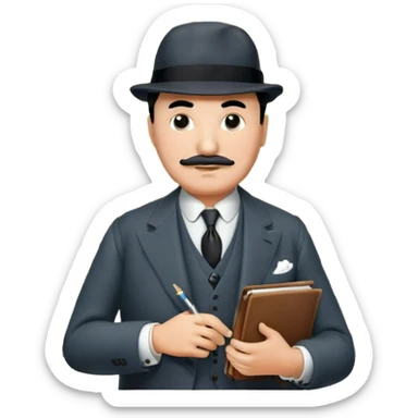 A cinematic-style frame showing Hercule Poirot in his iconic suit with a notebook in a dramatic detective pose. Background should be mysterious city, map, a board with photos of suspects, clues like fingerprints. Transparent background. sticker