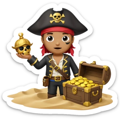 A 3D cartoon pirate with one eye covered by a black eye patch, holding a treasure chest of gold, wearing a hat, standing on sand, Memoji-style. sticker