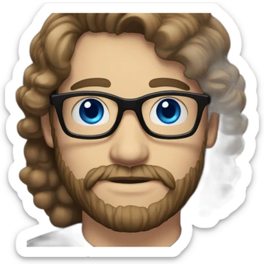 White man with blue eyes and dark brown hair, styled sideways backwards. He has a beard and mustache trimmed and wears a black t-shirt and vintage glasses. sticker