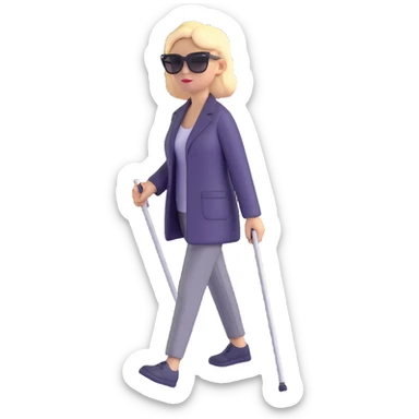 A blind person walking outdoors during the day, holding a single white cane in one hand. The person is wearing sunglasses and walking confidently. Emphasize that there is only one cane sticker
