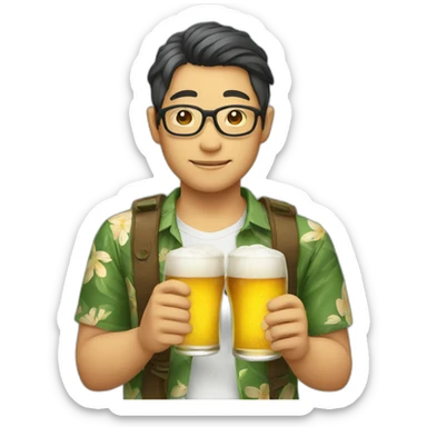 Japanese wearing roundglasses alohashirt is holding beer sticker