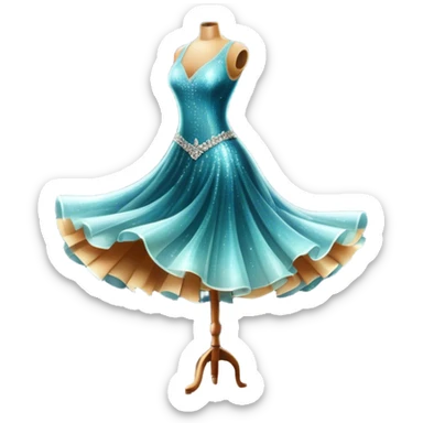 Humanless Icon for Ballroom Dance: elegant ballroom dance shoes, a sparkling dress, and a dance floor with a spotlight. The icon should capture the grace and elegance of ballroom dancing, with emphasis on movement and rhythm. Transparent background. sticker