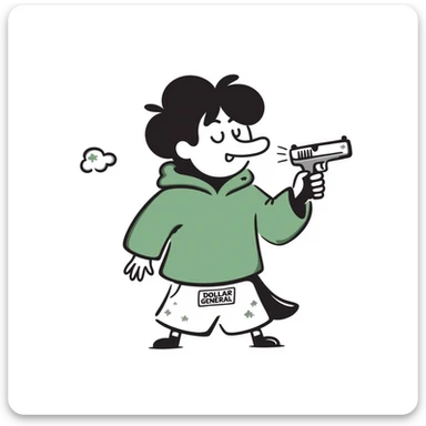 A cute but tough half-dolphin half-penguin thug holding a small gun, wearing a green hoodie with blood stains and Dollar General branded shorts sticker