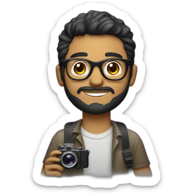 Young Latino film director with small beard and glasses holding a super 8 mm camera sticker