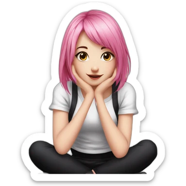 Full body Front view curvy emo girl pink hair sits on the floor straight view hands up black skirt белые трусики sticker