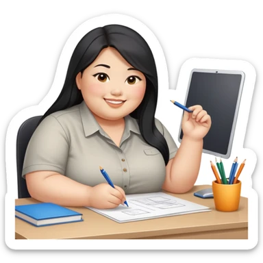 obesity Asian woman with black long hair smiling business casual shirt drawing something sitting white desk sticker