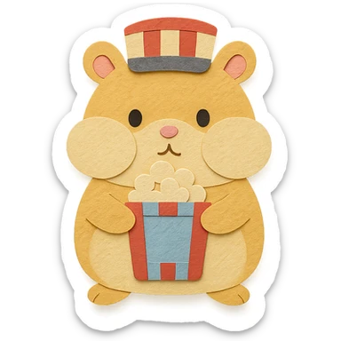 soft pastel popcorn machine hamster, puffed cheeks, holding popcorn, full-body sticker