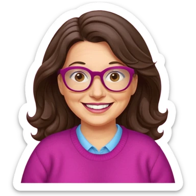 50 yr Caucasian woman, long dark brown hair parted on side, brown eyes, brown glasses, big smile, white teeth, fuscia sweater, chubby, wavy hair sticker