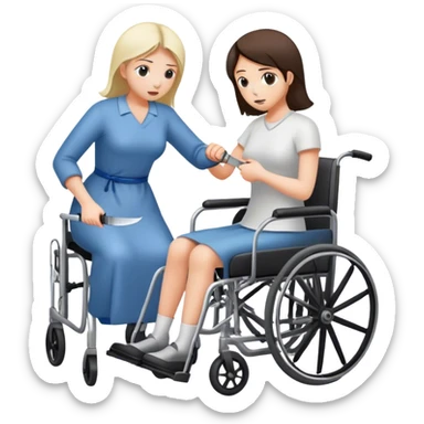 Mujer con cuchillo en la mano, empujando un enfermo en silla de ruedas sticker