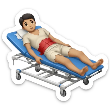 a man of oriental appearance, dressed in torn clothes, full length, in a prone position, with injuries on a medical stretcher, 1980 sticker