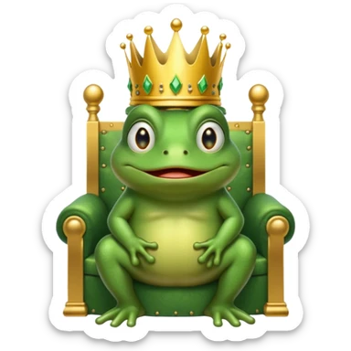 A cry frog wearing a crown, confidently sitting on a golden throne, cry tear from eyes, portrait, bust up sticker