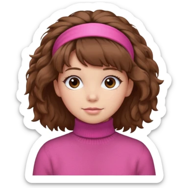 brown fluffy haired girl with pink turtleneck sweater and hair band sticker