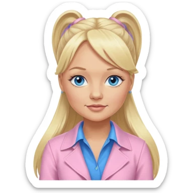 Emma Bunton with long blonde ponytail hair, blue eyes, light pink outfit sticker