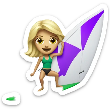 windsurf blonde woman on green surfboard with purple and white sail sticker