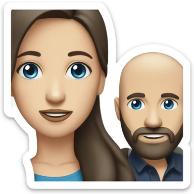 dark brown haired woman with blue eyes phoning bald man with beard sticker