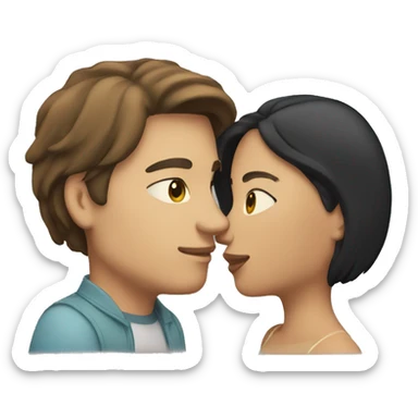 a couple kissing. The man has shoulder long brown hair and the woman has chin-length black hair. both have white skin sticker